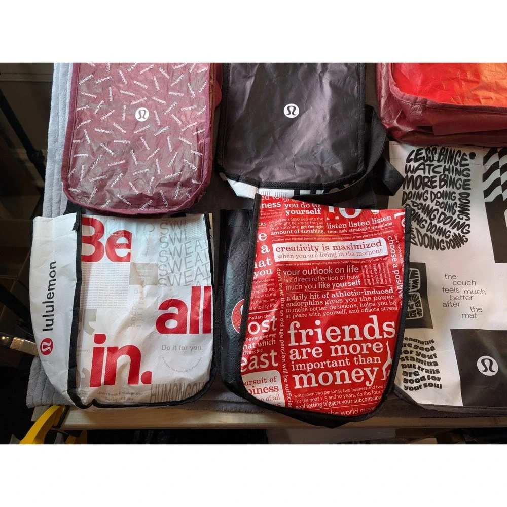Lululemon Reusable Shopping Tote Bag Lot x10 Assorted Sizes Colors Graphics Logo